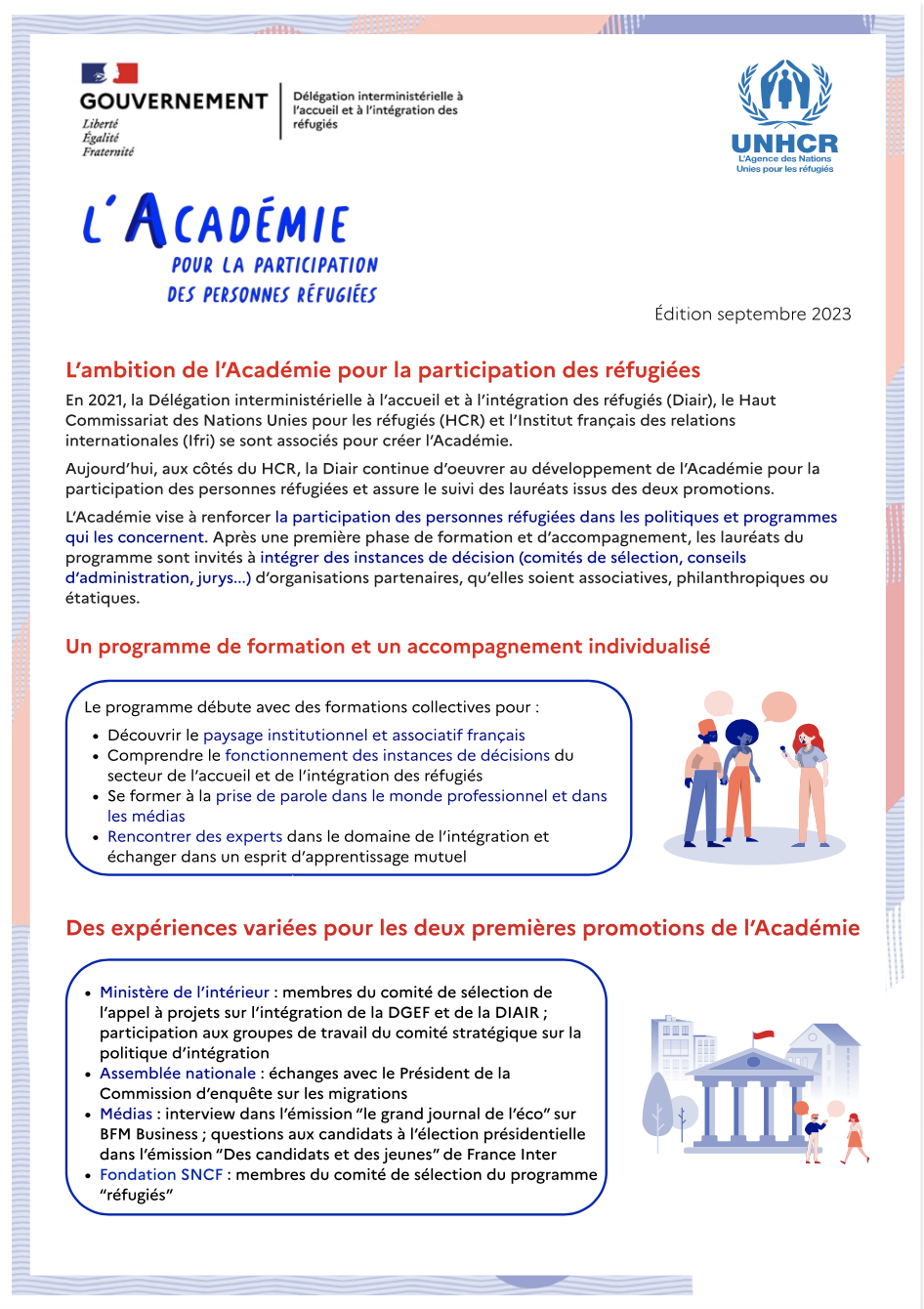 Plaquette de présentation de l’Académie pour la participation des personnes réfugiées