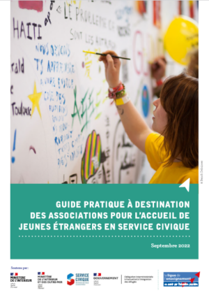 Couverture du guide pratique à destination des associations pour l'accueil de jeunes étrangers en service civique - Septembre 2022